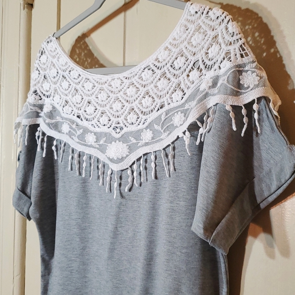 Lace Collar gray comfy short-sleeve Tee shirt HS S - Picture 2 of 7